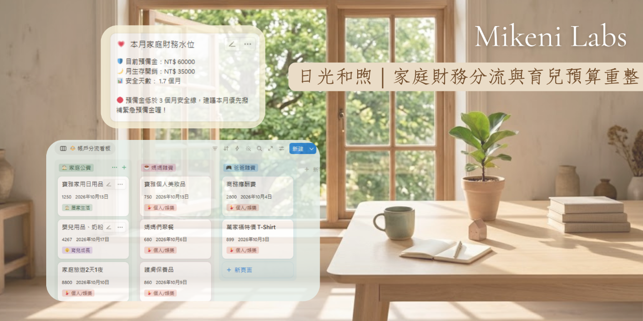 育兒家庭必備的 Notion 財務管理範本！專為新手爸媽設計的家庭帳戶分流、育兒預算預警、緊急預備金與安全水位計算系統。無痛擺脫開銷無底洞，找回公私分明的金流秩序與生活安心感。