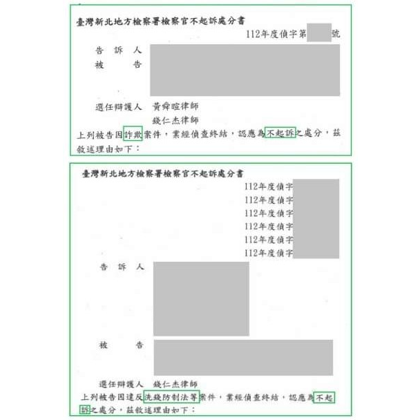 詐欺、洗錢罪當事人們分別獲不起訴處分