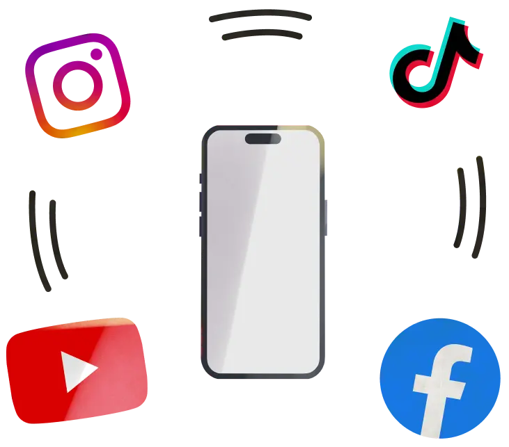 A smartphone surrounded by the logos of Instagram, TikTok, YouTube, and Facebook, symbolizing the integration of social media applications.