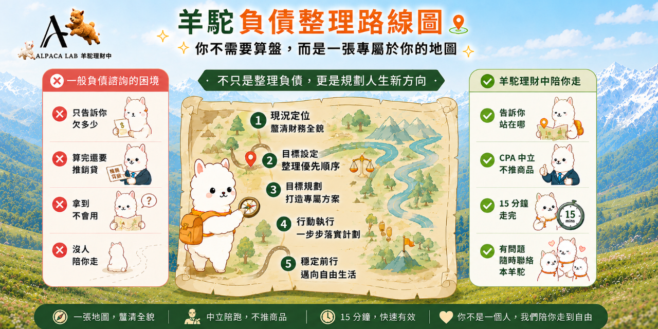 市面負債工具只算你欠多少，羊駝負債整理路線圖給你還債地圖，會計師中立設計不推轉貸保單