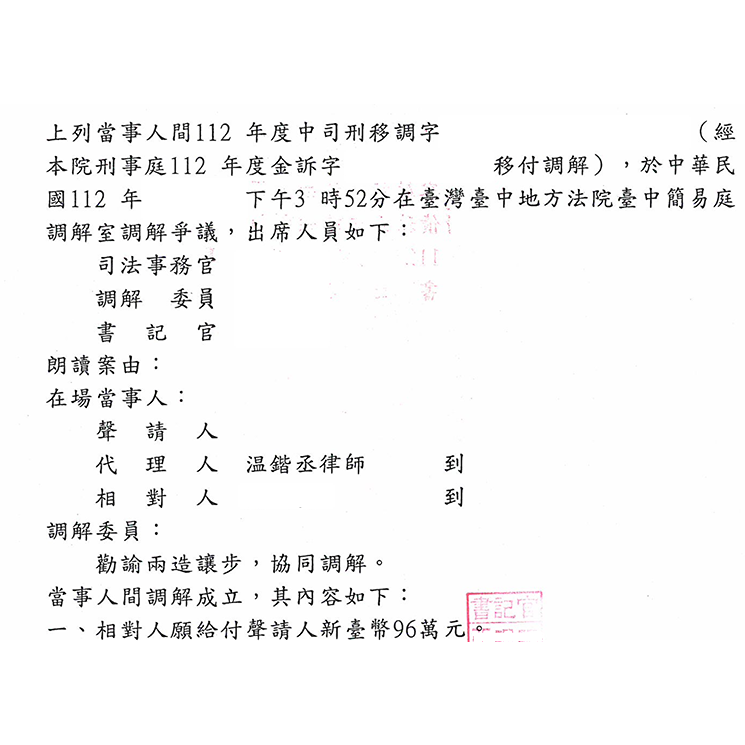 損害賠償事件｜温律師協助當事人達成調解，對造願分期給付賠償金，總金額新臺幣96萬元