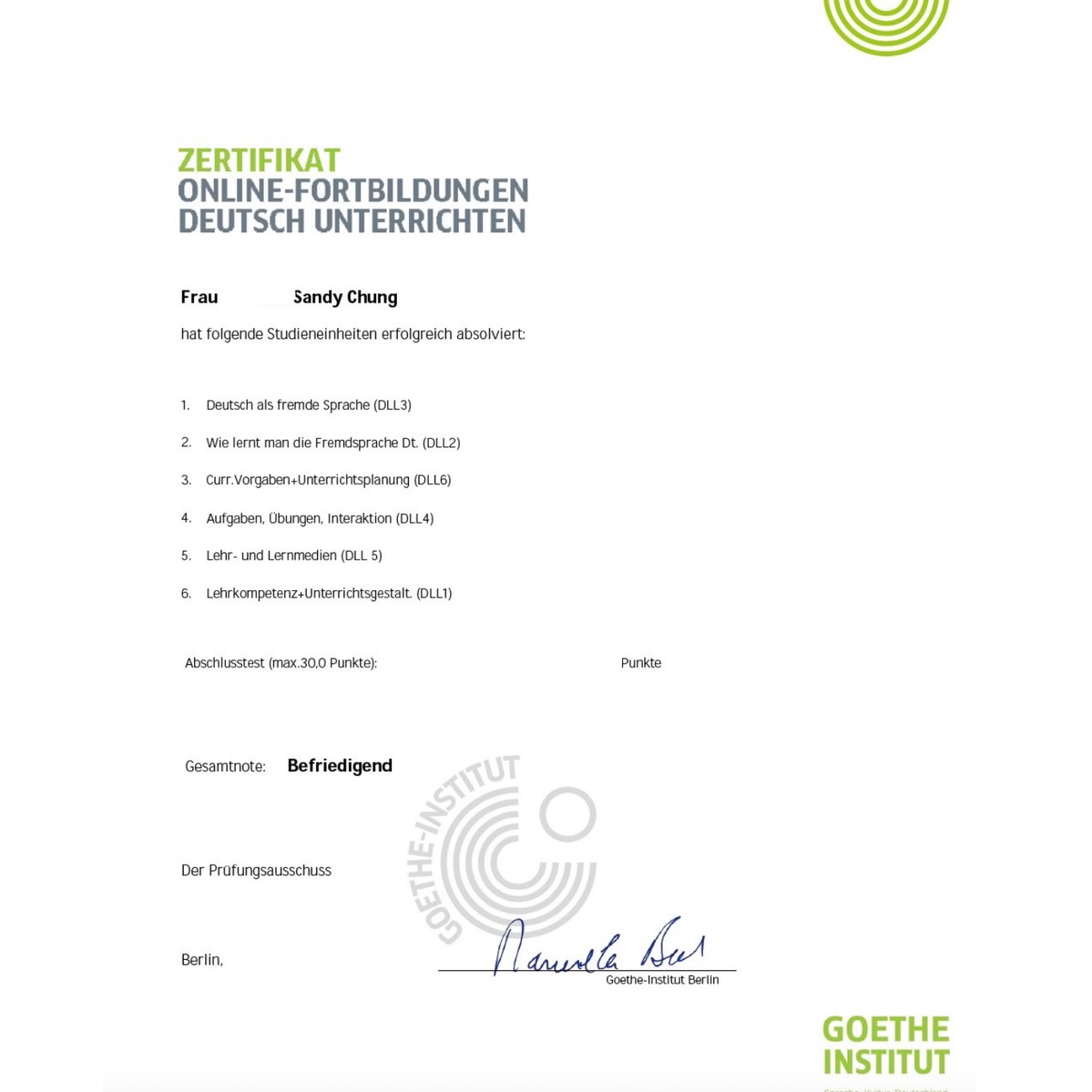 歌德教師證-融合課程 Deutsch Lehren Lernen® (DLL) Standard