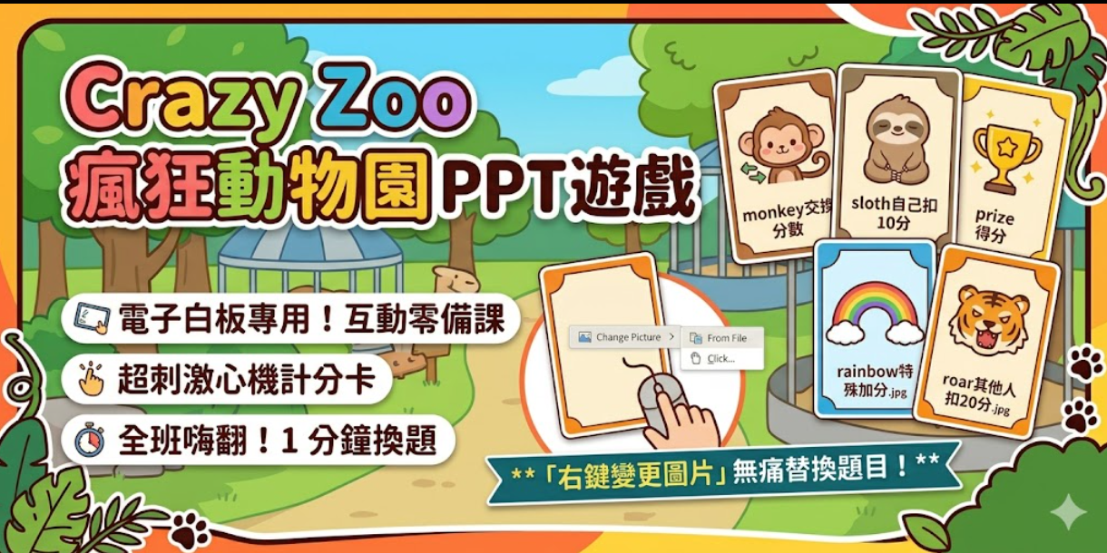 PPT 遊戲模板、教學互動 PPT、電子白板遊戲、零備課教案、全科目總複習、班級經營測驗、英文單字遊戲、萬用翻牌抽籤、計分機制動畫。