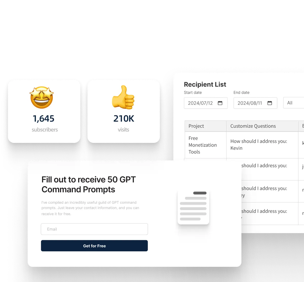 Marketing dashboard overview showing 1,645 subscribers and 210K visits, alongside a table of the contact list and a free form for receiving 50 sets of GPT prompts.