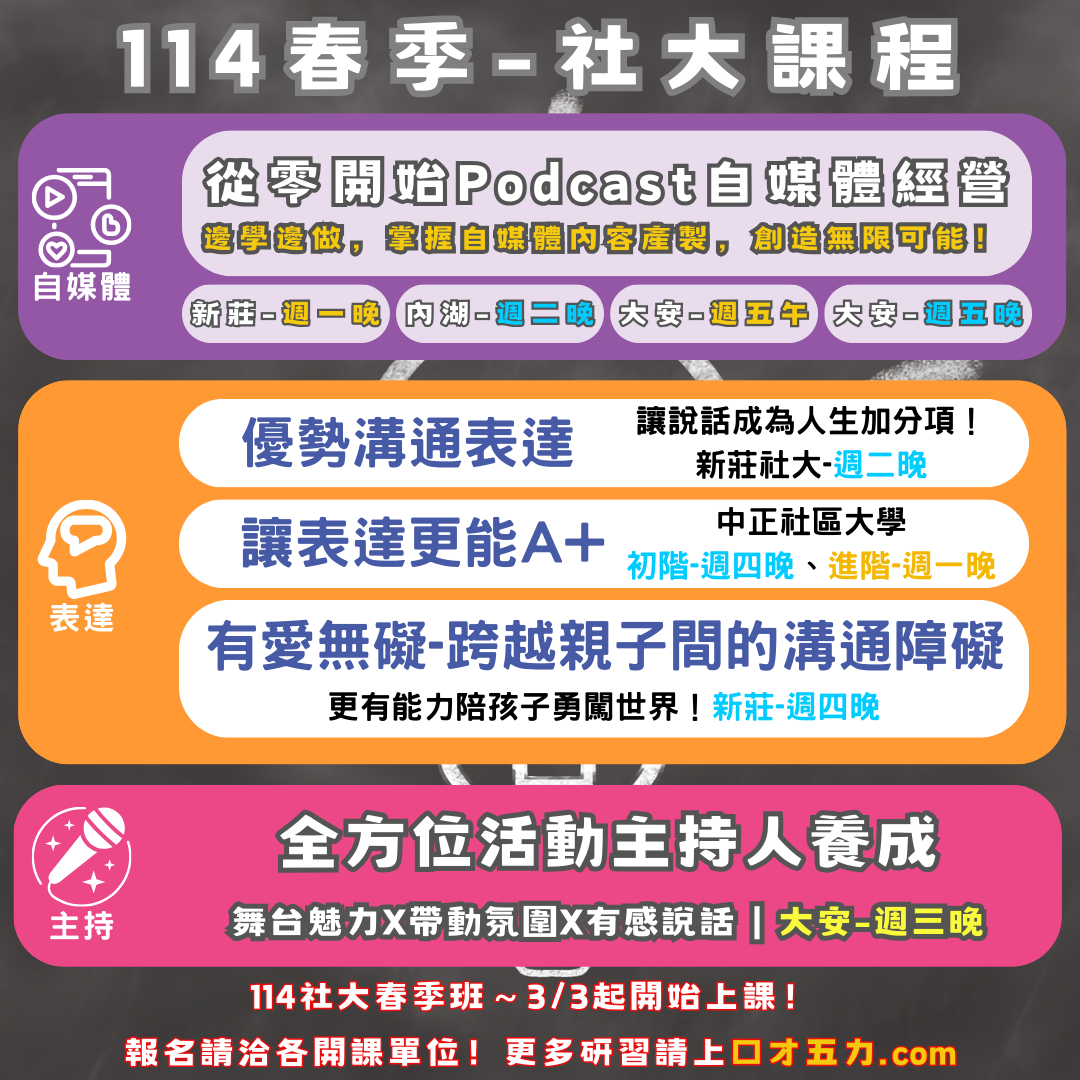 社大課程 口才 溝通 表達 演說 教學 主持 podcast 自媒體