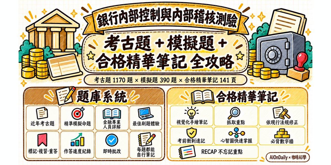 銀行內部控制與內部稽核測驗攻略包封面：近幾年考古題＋精準模擬題，每題附詳解＋合格精華筆記