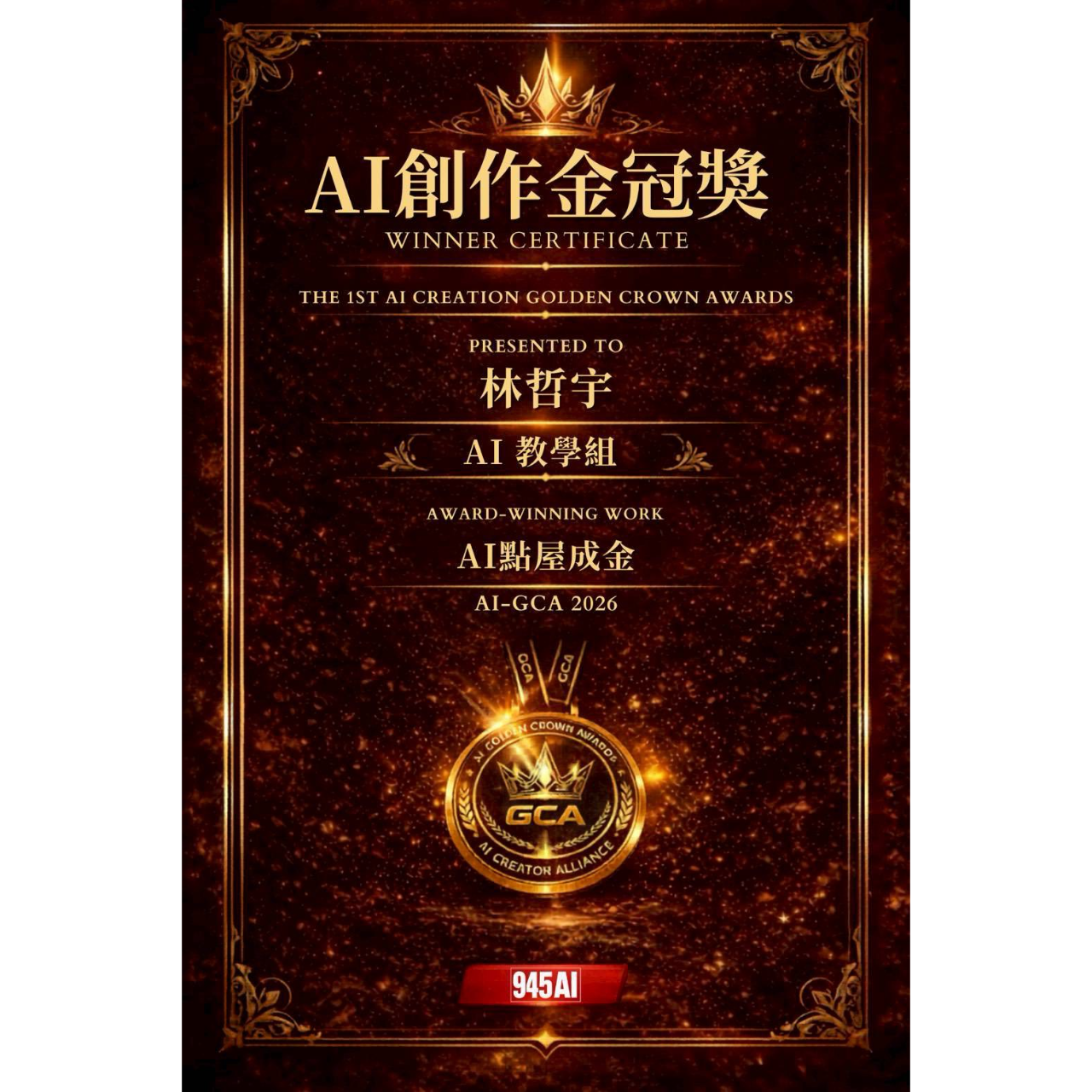 🚀 設計師必學！AI 10秒做爆款影片，免費教你 AI創作金冠獎，教學組冠軍，林哲宇，AI點屋成金，945AI，AI-GCA 2026