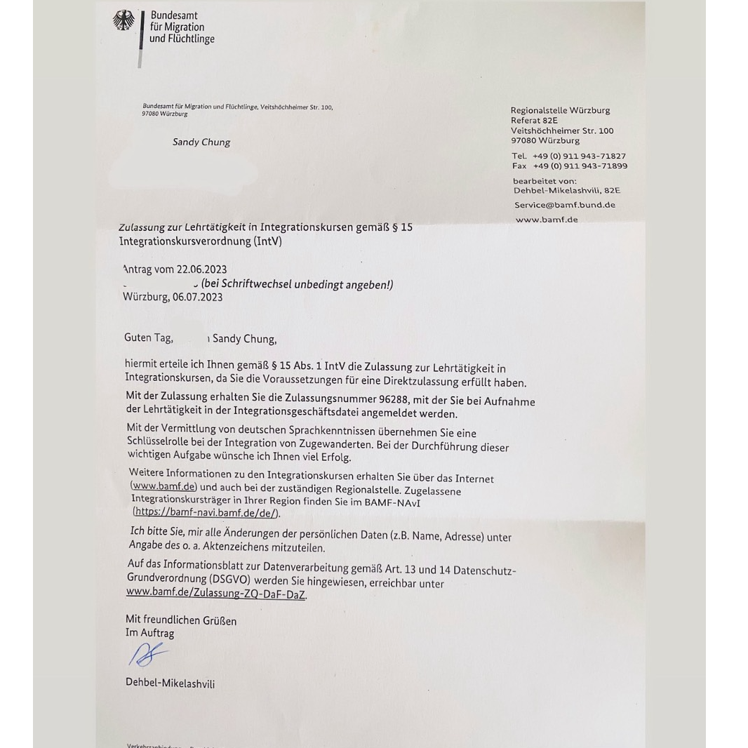 德國移民署：德語教師執照-融合課程 Zulassung zur Lehrtätigkeit in Intergrationskursen