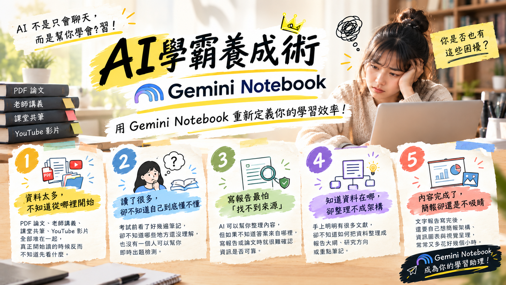 【早鳥優惠】AI 學霸養成術：用 Gemini Notebook 搞定讀書、考試、報告與論文（直播影片）