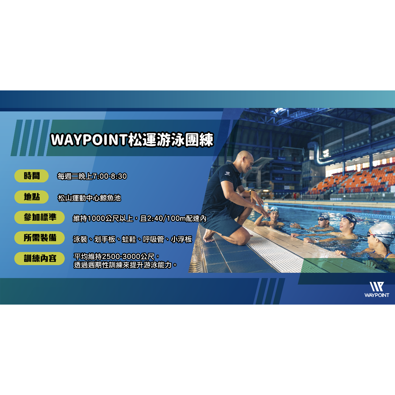 WAYPOINT-TRIATHLON 訓練對象：想要增強游泳能力，並且1500m 有45分以內。每次訓練約2500-3000公尺，會有有氧耐力、技術動作、游泳閾值的課表安排