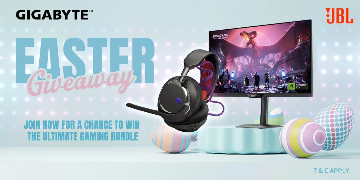 AORUS ANZ GIGABYTE JBL ANZ Easter Giveaway win the ultimate gaming setup of the gaming monitor and the JBL Quantum 950 gaming headset