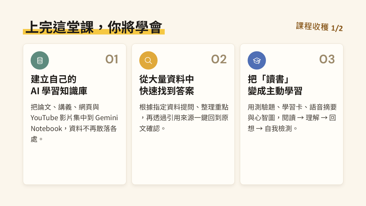 【早鳥優惠】AI 學霸養成術：用 Gemini Notebook 搞定讀書、考試、報告與論文（直播影片）