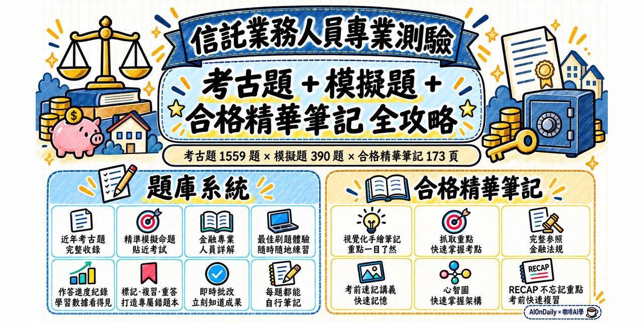 信託業務人員專業測驗攻略包封面：近幾年考古題＋精準模擬題，每題附詳解＋合格精華筆記