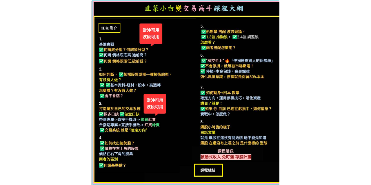 韭菜小白變交易高手線上課程
課程可反覆觀看
課程問題可隨時至IG私訊發問
不用怕沒人問