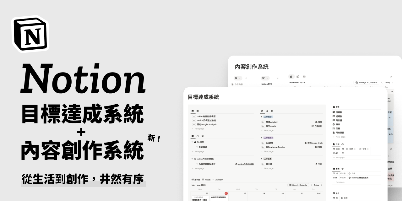 【 Notion模板 】目標達成&內容管理系統 組合包