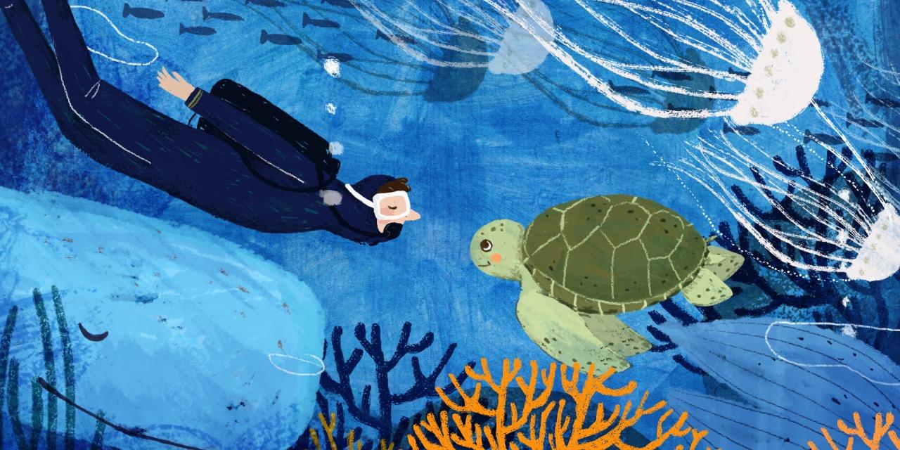 KIDISLAND兒童島 【 海龜與海】靜謐湛藍的大海裡，住著一隻海龜，他想知道海的另一端是否也同樣美麗，因此他決定出發去旅行。