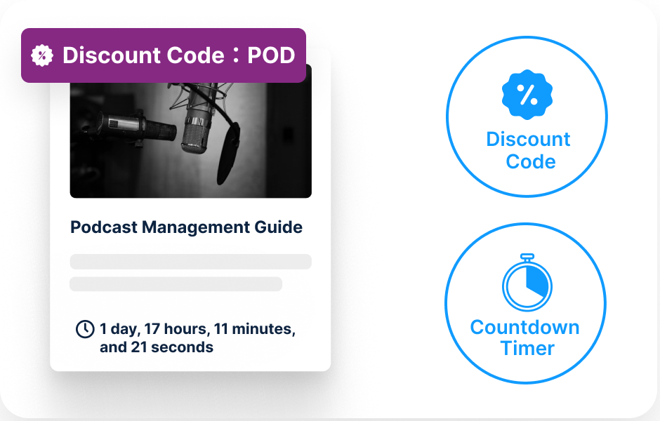 Podcast Business Guide Course Ad. A black-and-white cover shows a microphone in a recording studio. The discount code "POD" is displayed, accompanied by a countdown timer showing 1 day, 17 hours, 11 minutes, and 21 seconds remaining. Blue icons on the right indicate "Discount Code" and "Countdown Timer." The background features a clean white design.