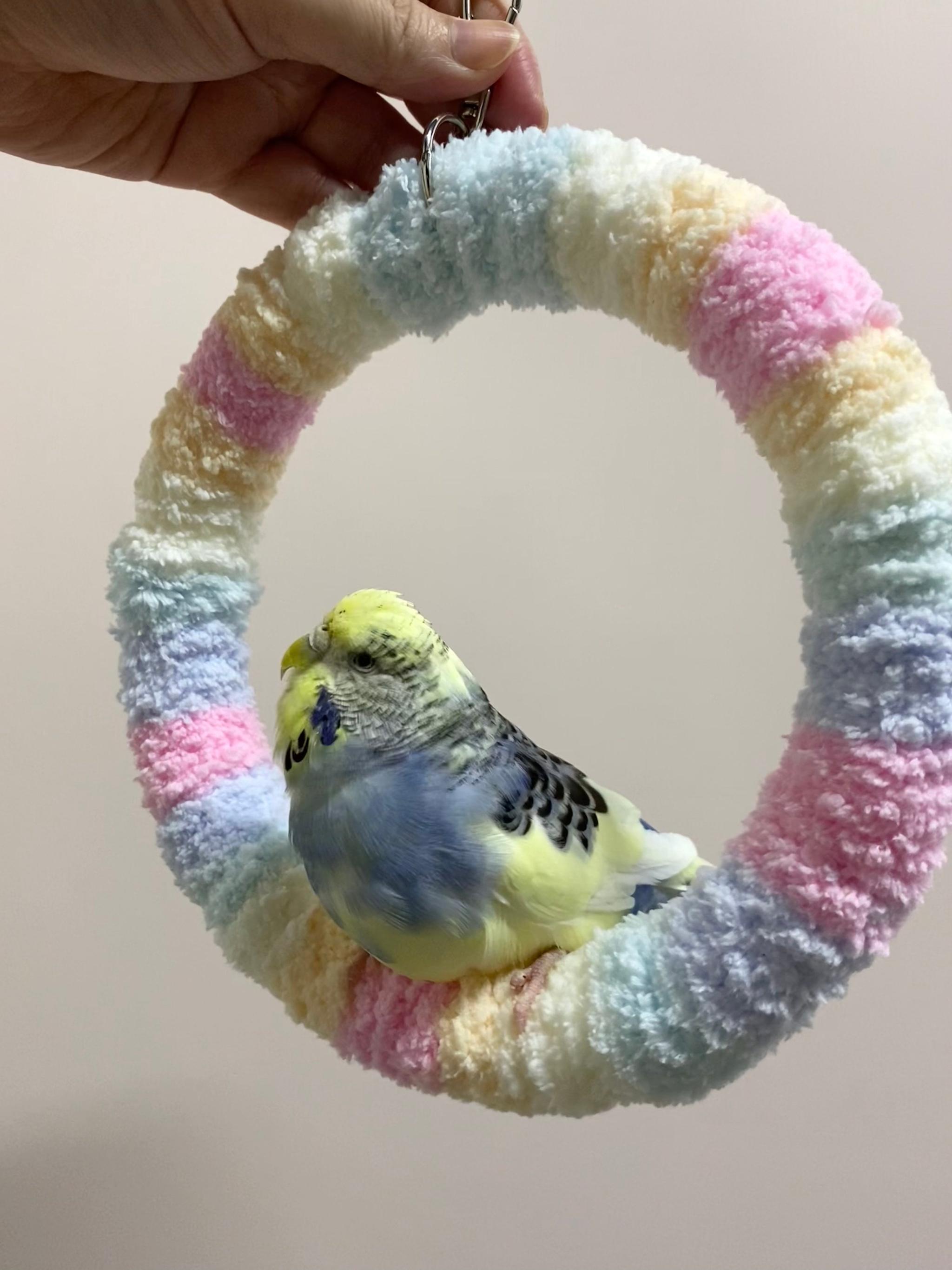WinnieTheBirds Toy Shop +Handmade+17.5cm Pastel Cotton Candy Yarn Knitting Ring Swings Parrot