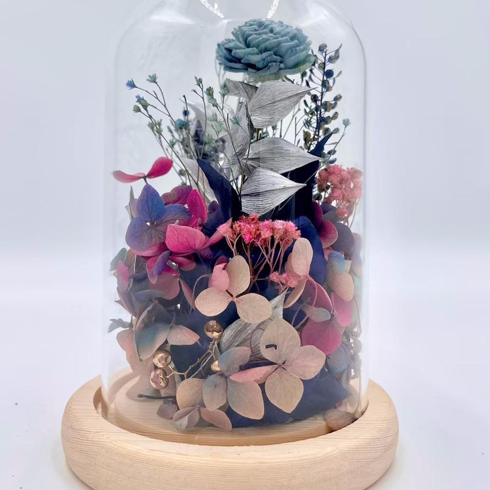 日下花開 原木底座永生花玻璃盅