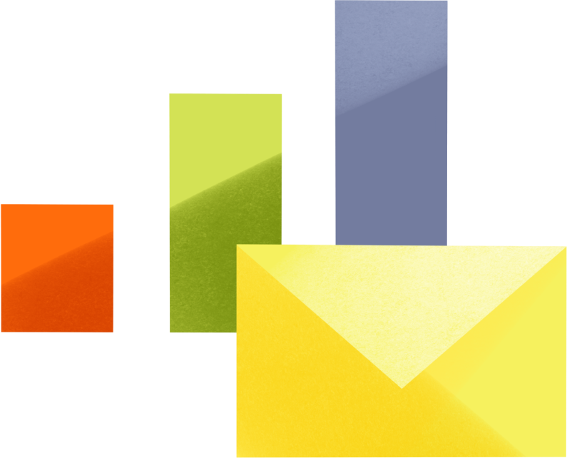 A combination of abstract geometric shapes, including colored squares and trapezoids in orange, yellow, green, and blue, featuring a 3D effect and shading.