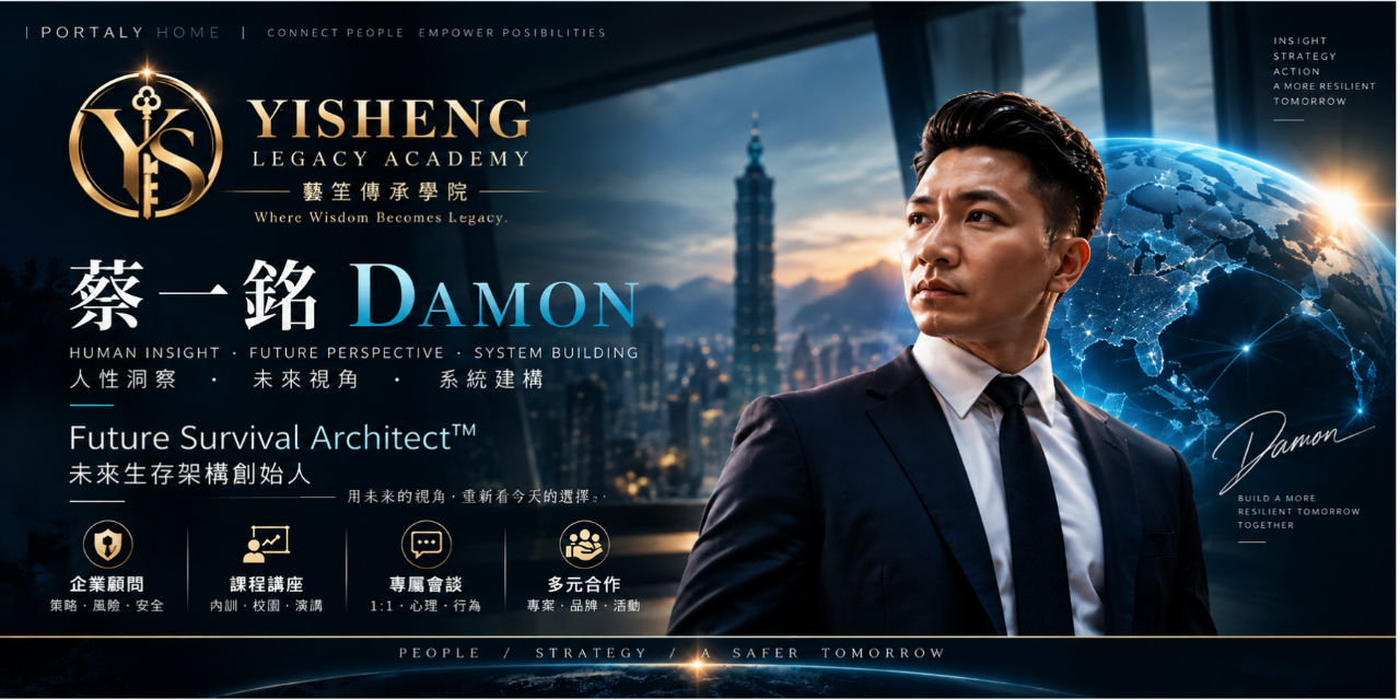 蔡一銘 Damon Tsai｜藝笙傳承學院 YISHENG LEGACY ACADEMY 創辦人、未來生存架構創始人。專注於企業顧問、風險判斷、人身安全教育、衝突預防、心理特訓及一對一專屬策略會談，提供企業與個人多元合作服務。