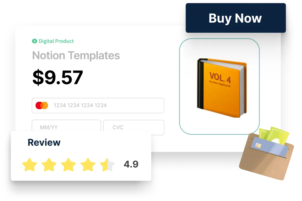 The Notion weekly journal template digital product is priced at $299, including a credit card payment section and a 4.9-star product review. Beside it is an image of a yellow book labeled VOL. 4, with a “Buy Now” button in the top right corner.