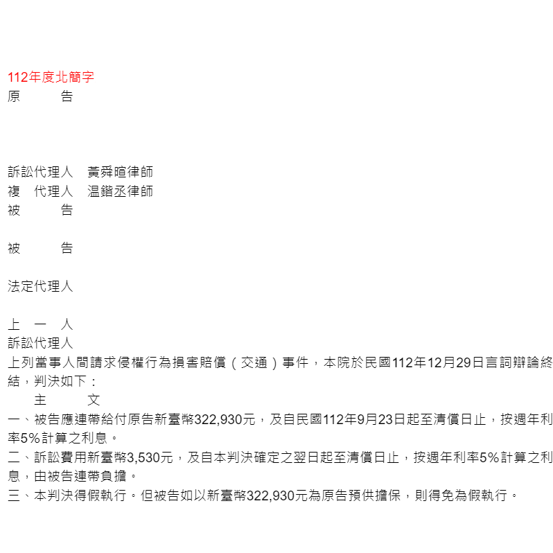 車禍侵權行為損害賠償事件｜協助車禍事件之當事人向對造請求賠償新臺幣322,930元勝訴