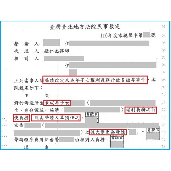 變更未成年子女姓氏