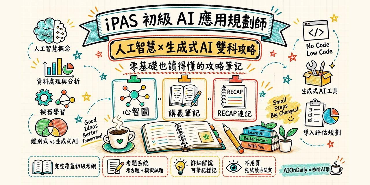 iPAS AI 應用規劃師初級筆記封面：人工智慧×生成式AI雙科攻略，手繪心智圖、講義筆記、RECAP 速記