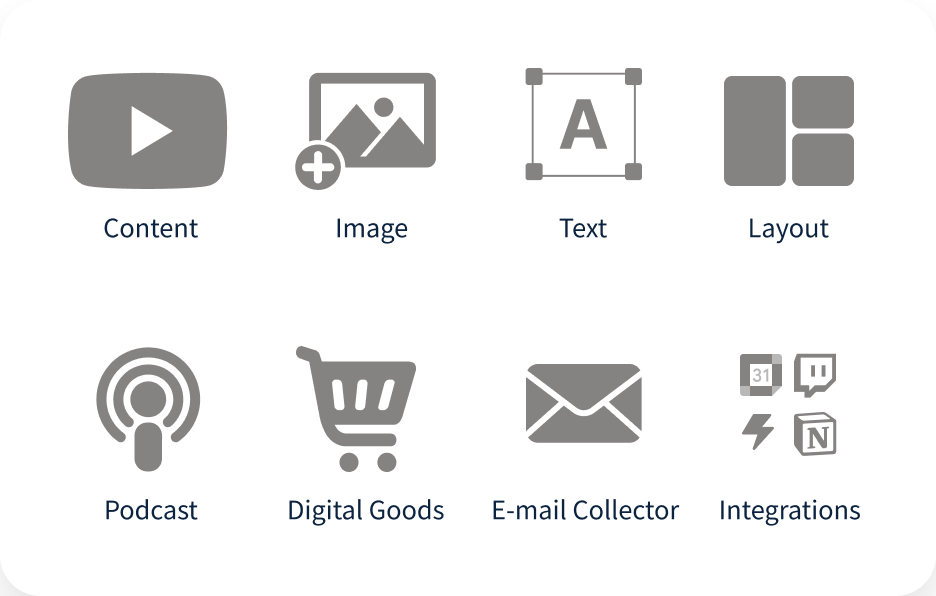 Multimedia content icons include video and audio content, image-based materials, textual elements, diverse layouts, podcasts, product sales, lead generation, and multifunctional integrations.