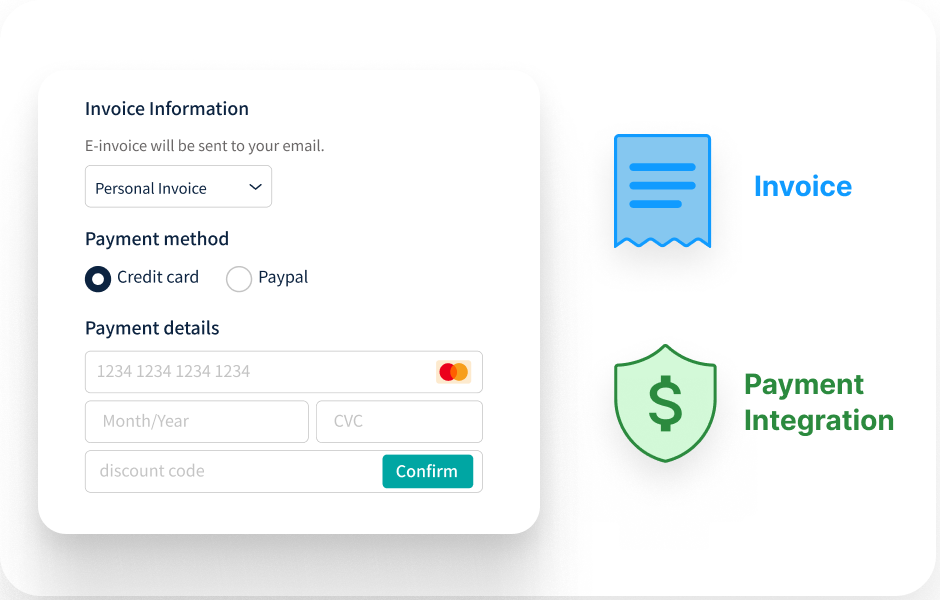 An interface for entering online payment and e-invoice details, including options to select the invoice type, payment method (credit card or PayPal), and a form for entering credit card details. On the right side, a blue invoice icon indicates an "E-Invoice," while a green shield icon represents the "Integrated Payment System." The background features a clean white design.