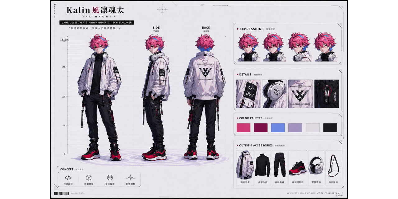 Kalin G. Lai / Kalin風凜魂太 【人設】三視圖 by CharGPT-Image-2