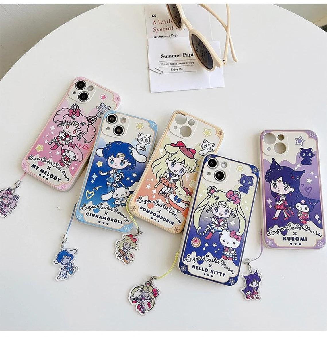 KawaiiGiftLand White Sailor Moon with Phone Strap KT MM KU CN PN iPhone Case 6 7 8 PL
