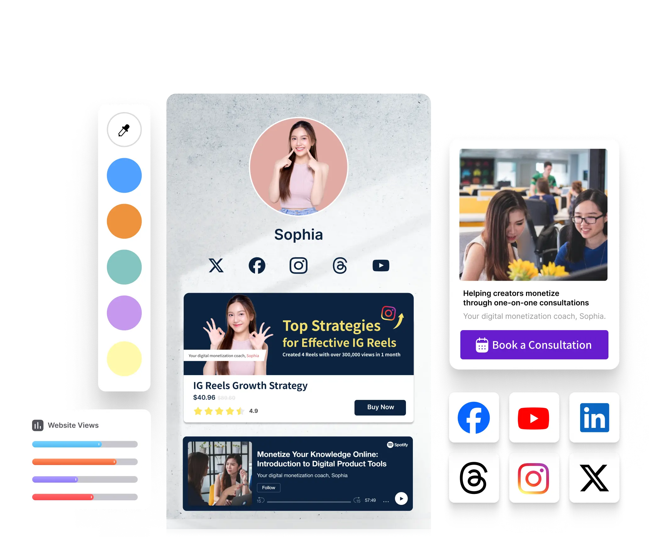 Sophia’s personal page and marketing overview showcase social media platform icons, the IG Reels Growth Strategy Course, and website traffic data. Next to it are a booking card for one-on-one consulting assistance, a color palette, and a bar chart of website visits.
