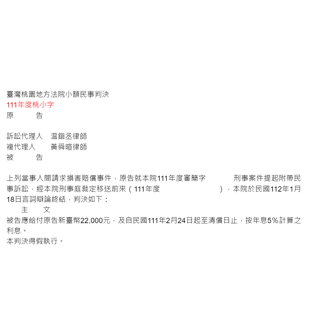 請求侵權行為損害賠償事件｜協助被詐欺之當事人向對造請求賠償22,000元勝訴