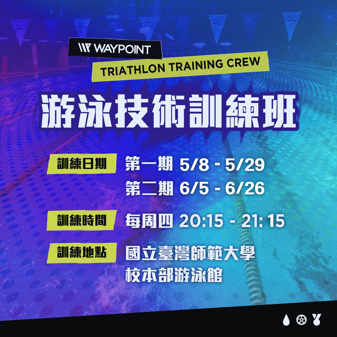 WAYPOINT-TRIATHLON 針對精進自由式，會游自由式的人，想要優化泳姿，減少水中阻力，找出最適合自己的高效游泳方式。 報名標準  :  須無輔具完成50公尺自由式