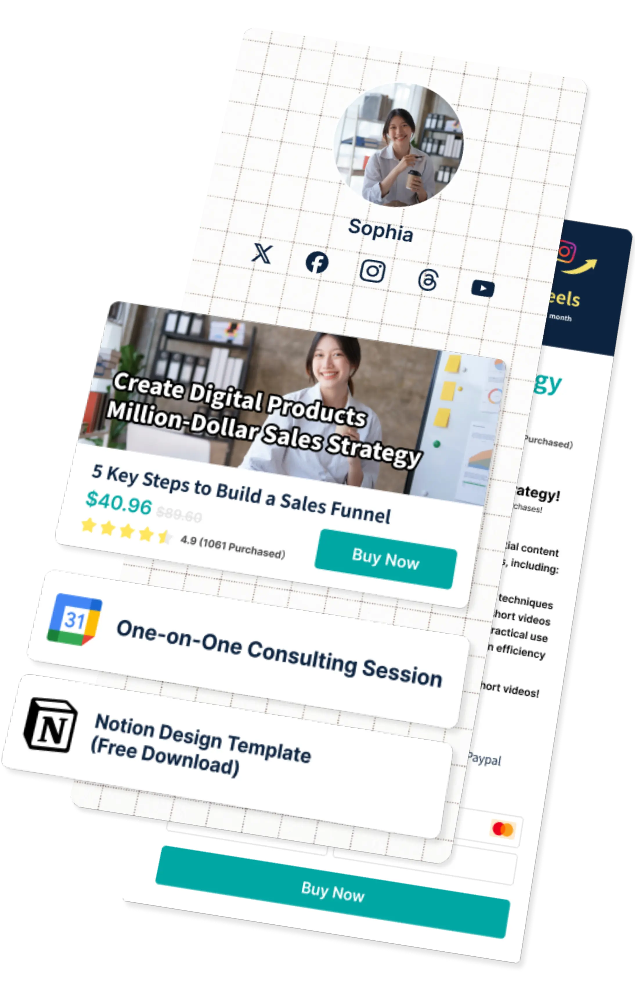 A preview of Sophia’s personal page showcasing digital product promotions, including the Million Dollar Sales Strategy Course, one-on-one consulting services, and free downloadable Notion design templates.