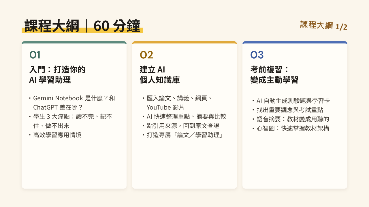 【早鳥優惠】AI 學霸養成術：用 Gemini Notebook 搞定讀書、考試、報告與論文（直播影片）