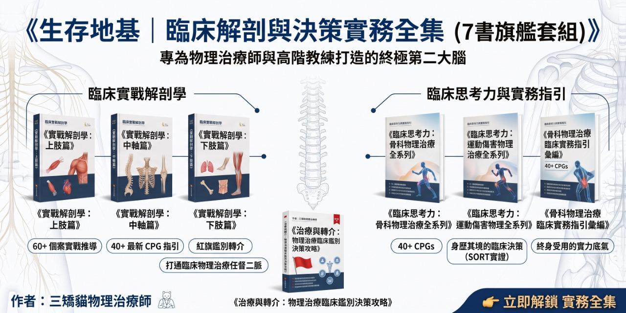 不再憑運氣看診！一次收錄解剖力學、60+ 個案推導、最新 CPG 指引與紅旗轉介。專為追求極致臨床自信的專業人員，打造的 7 書終極買斷智庫。