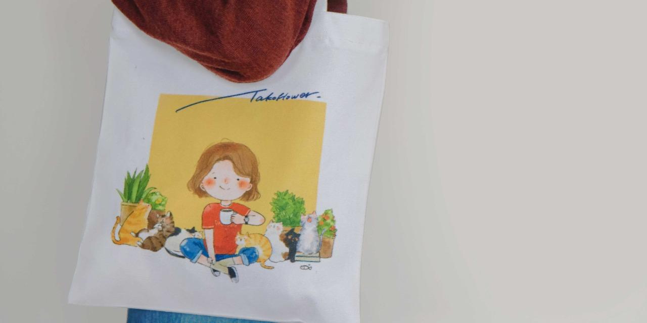 ✦ 章魚花 Takoflower ✦ 章魚花的帆布袋 女孩與貓咪