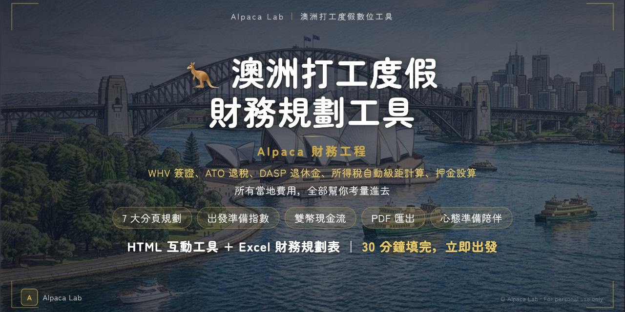 Alpaca Lab 澳洲打工度假財務規劃工具商品主圖｜雪梨歌劇院海港大橋背景，7 大分頁規劃、出發準備指數、雙幣現金流、PDF 匯出、心態準備陪伴