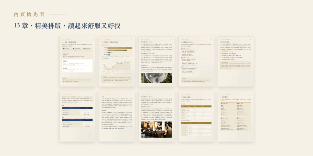 朝聖之路新手指南內頁試閱：13 章精美排版，含路線決策、花費圖表、行前清單、西語速查與住宿美食