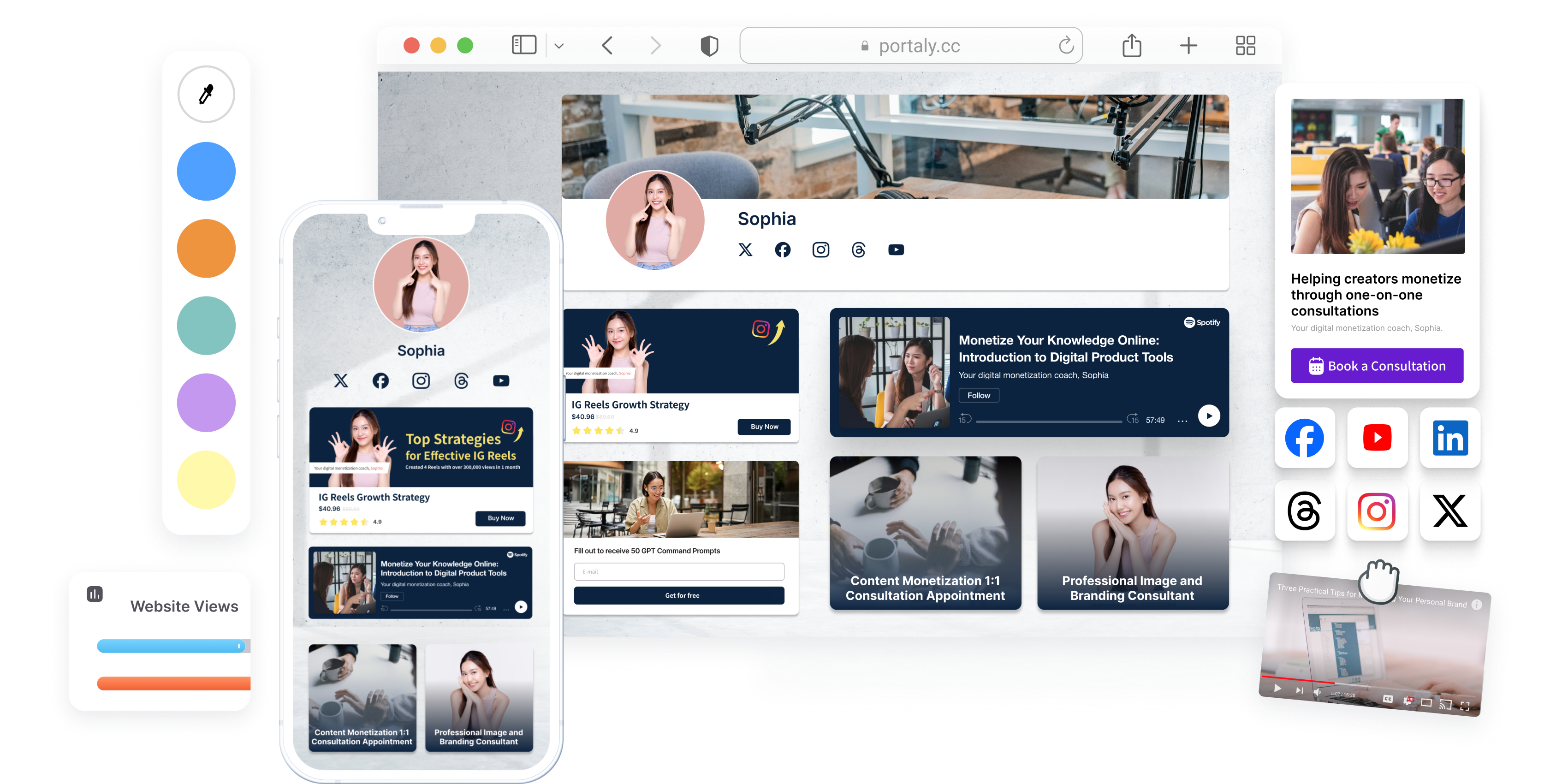 Sophia's personal page preview highlights her social media profiles, educational courses, audio content, and personalized consultation services. The layout incorporates a portrait photo, product visuals, call-to-action purchase buttons, recognizable social media icons, a thoughtfully curated color palette, and detailed web traffic analytics charts.