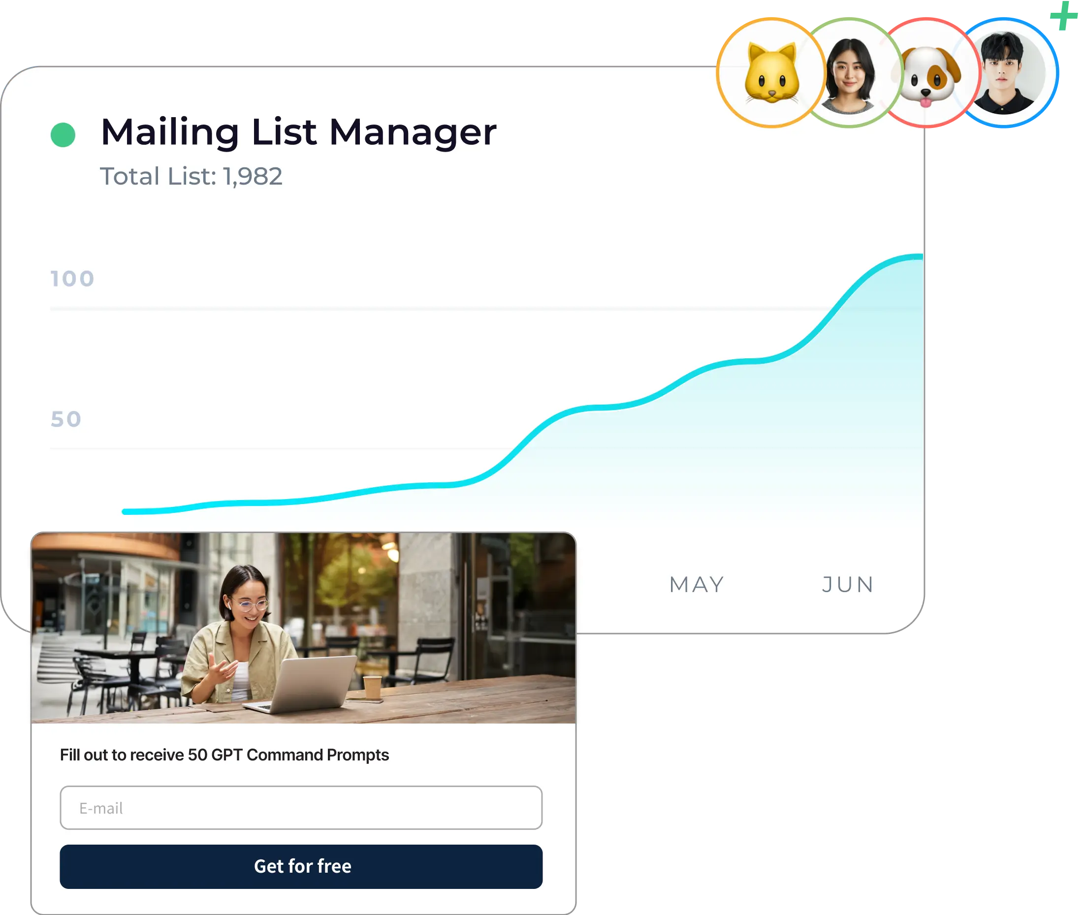 he list management dashboard shows a cumulative total of 1,982, with a growth curve chart from May to June. In the top right corner, there are four user avatars representing different individuals, including a cat, a dog, and real photos. Below is a form labeled “Fill out the form to receive 50 sets of GPT prompts,” accompanied by a picture of a woman smiling in front of a laptop.