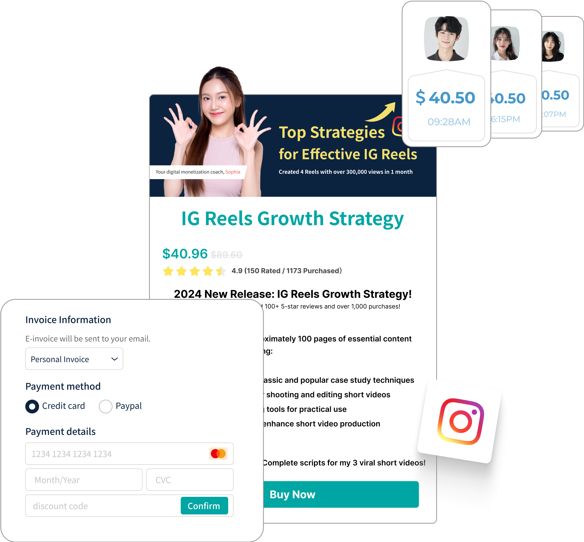 The IG Reels Growth Strategy Course page is priced at NT.1280, featuring a purchase button, course details, and a 4.9-star rating. In the top right corner, there is a profile card of recent buyers. The lower left corner includes payment options such as credit cards and PayPal, along with an invoice information entry section. An Instagram icon is displayed beside it.