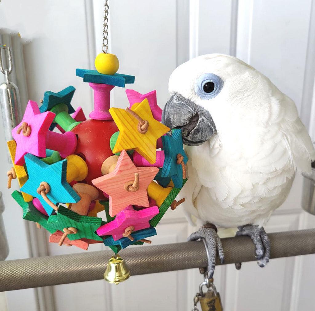 WinnieTheBirds Toy Shop 30x15cm Natural Style Wooden Star Ball Bite Hanging Natural Parrot Bir