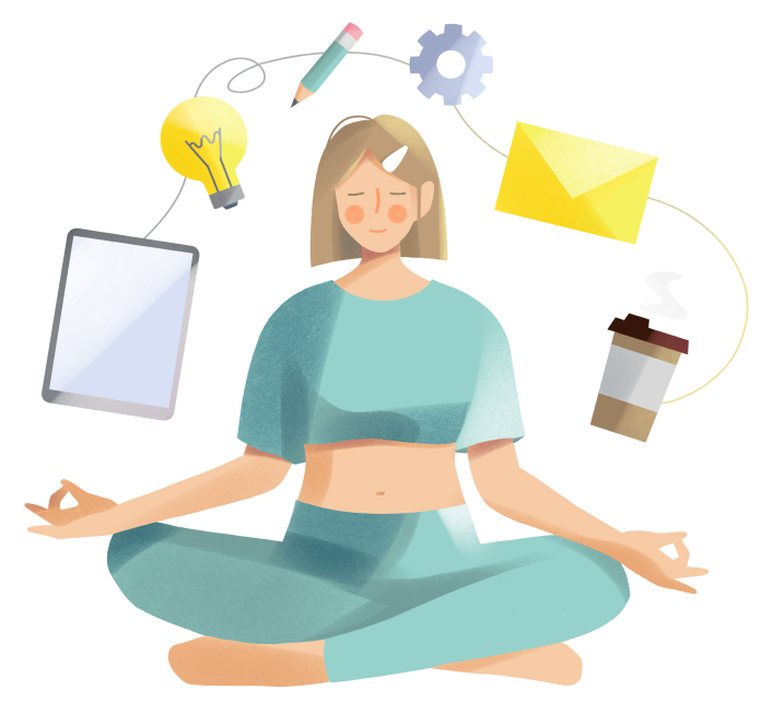 A woman in yoga attire sits in a meditative pose, surrounded by floating office items such as a notebook, light bulb, pencil, document folder, envelope, and coffee cup, symbolizing relaxation and a balanced work-life.