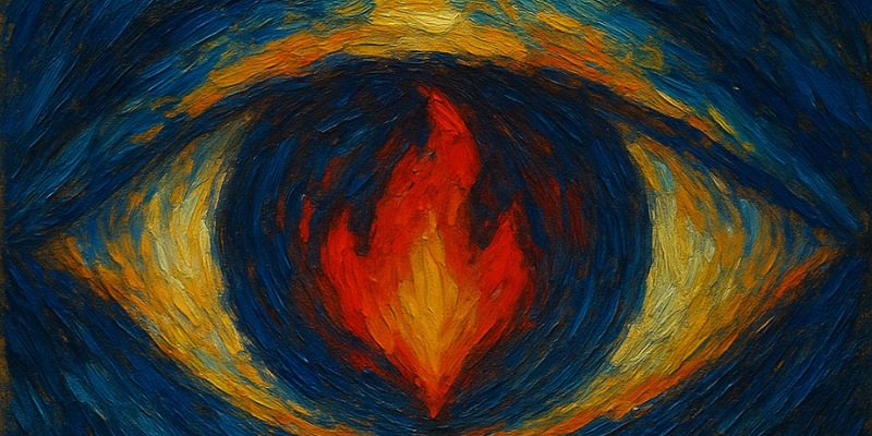 徵內在覺察與情緒轉化的火焰之眼插畫，梵谷風格的印象派筆觸描繪出執念與心念的交會，透過文字照見因果、辨別執著的形式