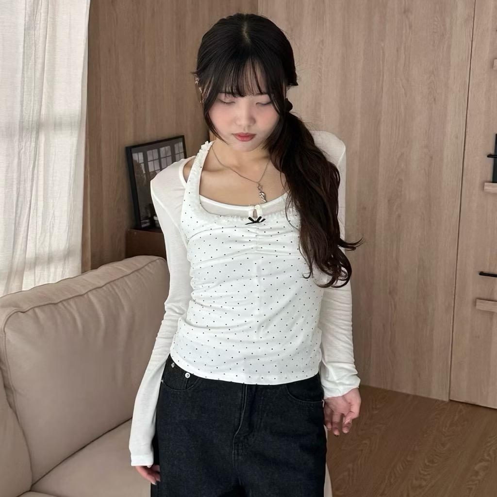 Fashion Jump 【現貨】波點控! 蕾絲波點繞脖背心1+1 set