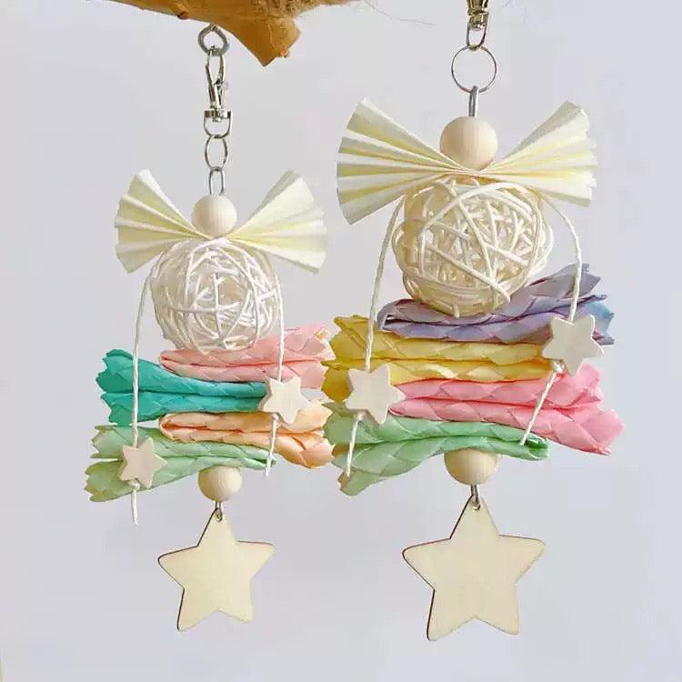 WinnieTheBirds Toy Shop 22x9cm Dreamy Style Wooden Star with Palm Leaf Takraw Ball Parrot Hand